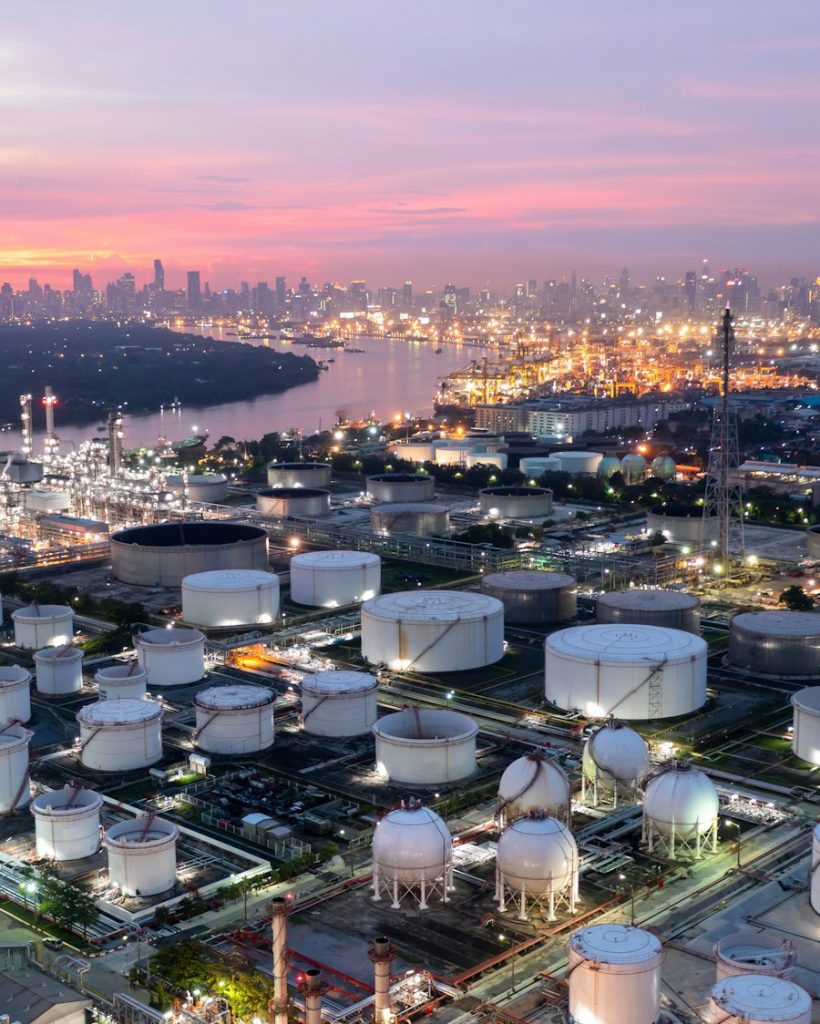 Aerial view oil and gas industry refinery at sunset, Aerial view oil and gas Industrial.