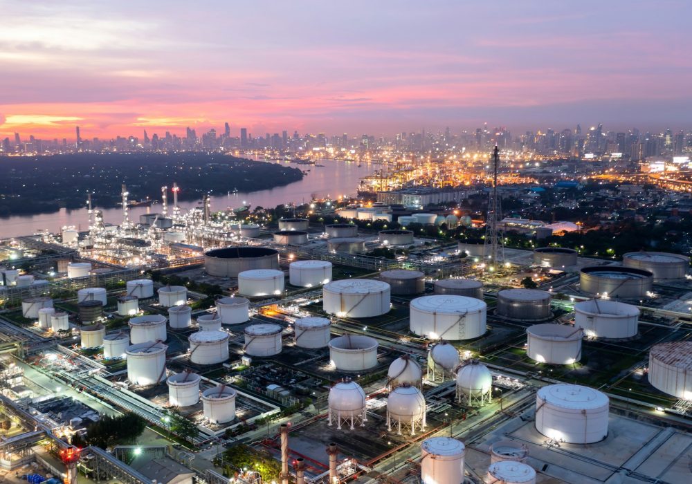 Aerial view oil and gas industry refinery at sunset, Aerial view oil and gas Industrial.