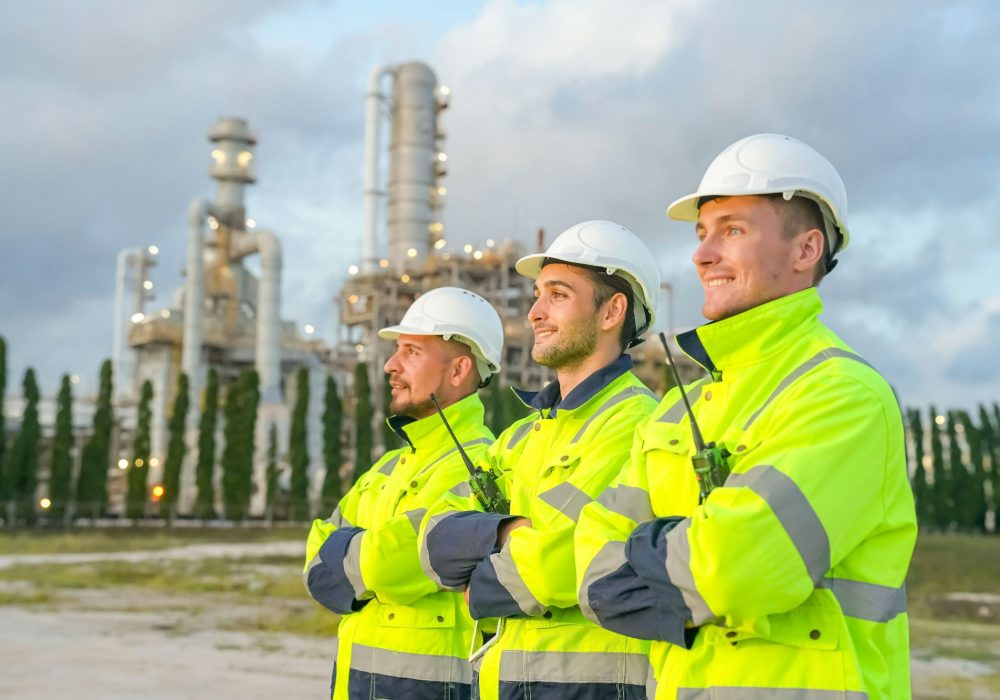 Refinery industry engineer are working and discussing at front oil and gas industrial factory,