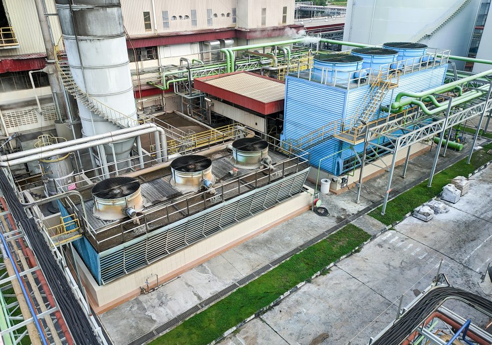 The top of the refinery plant to process crude palm oil into cooking oil.